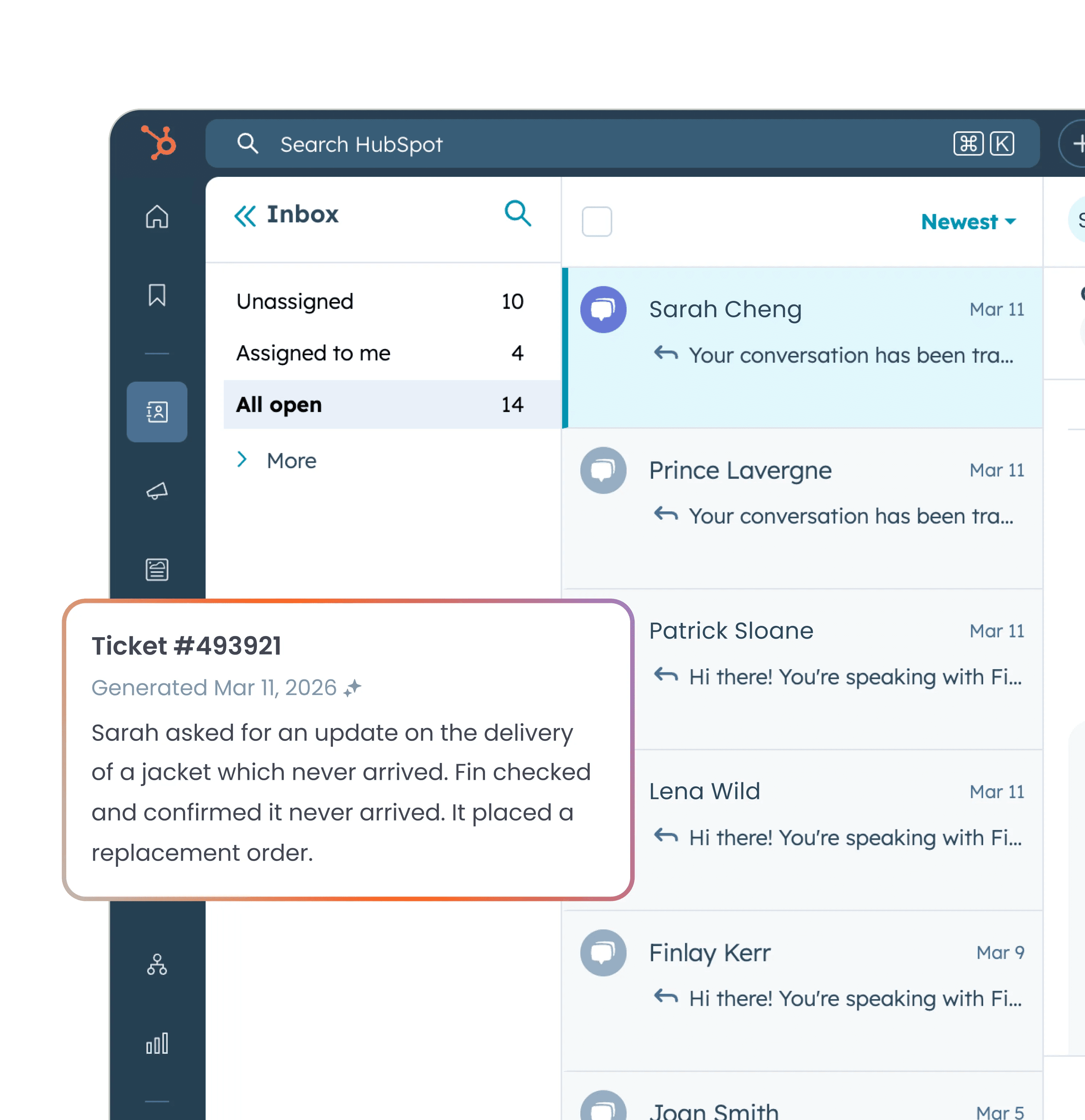 Fin resolving a customer query inside HubSpot