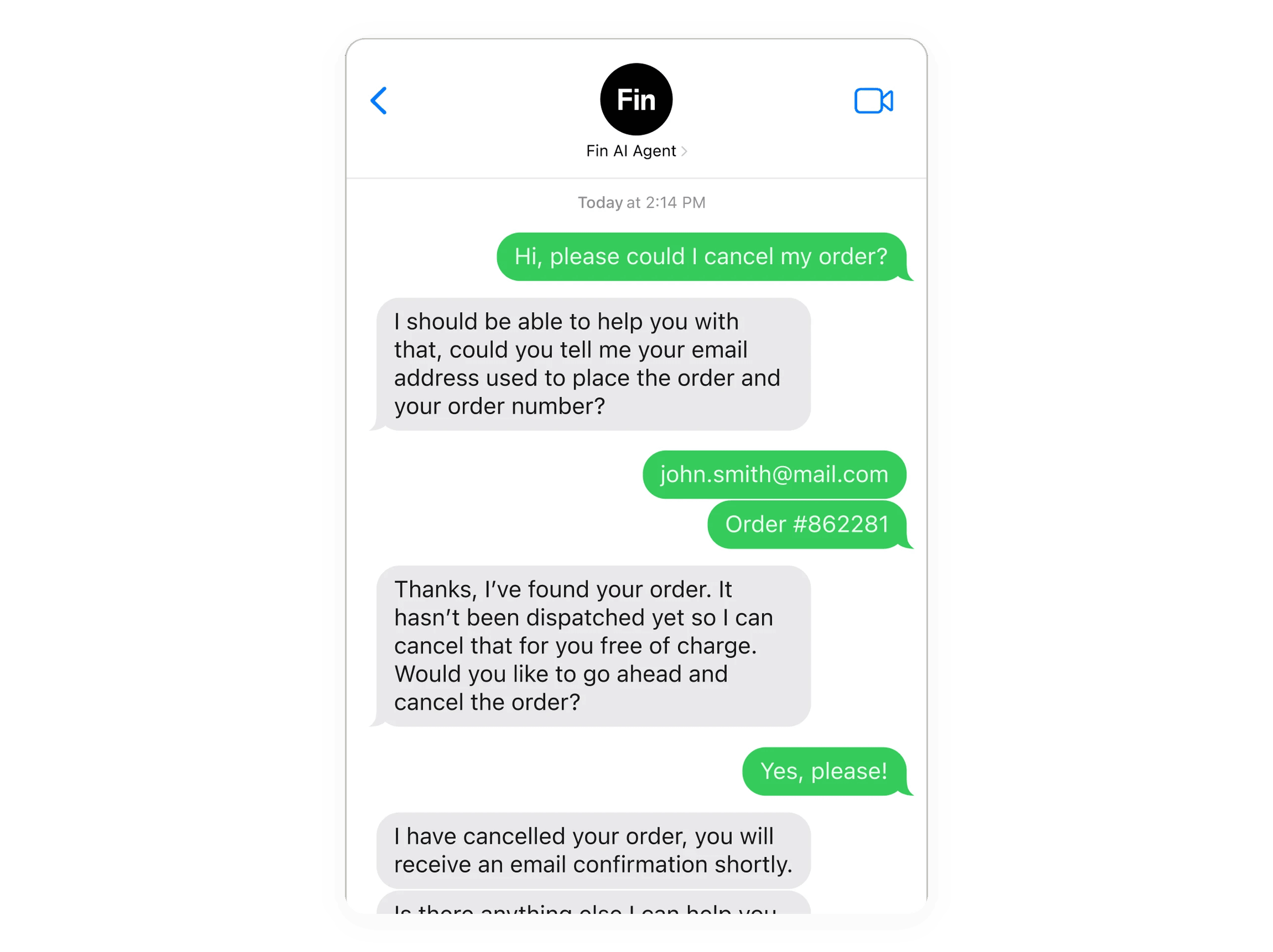 Fin canceling a customer order in an SMS text conversation
