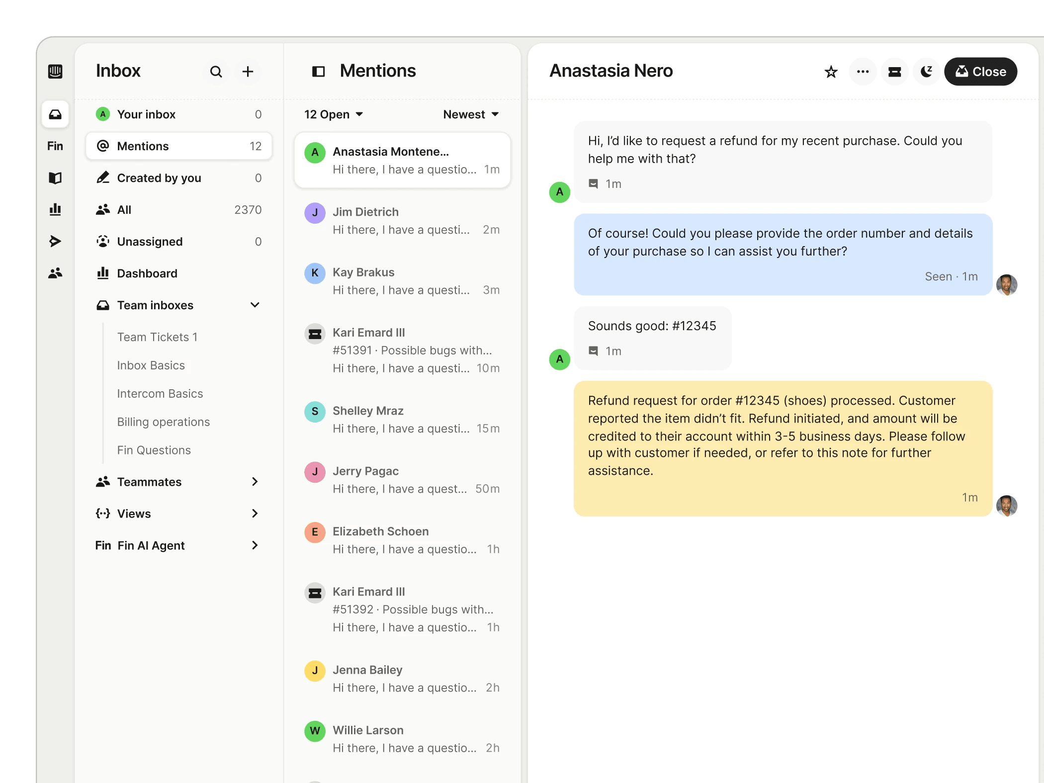 Intercom dashboard showing Slack conversation logs with Fin resolution metrics and agent handoff details