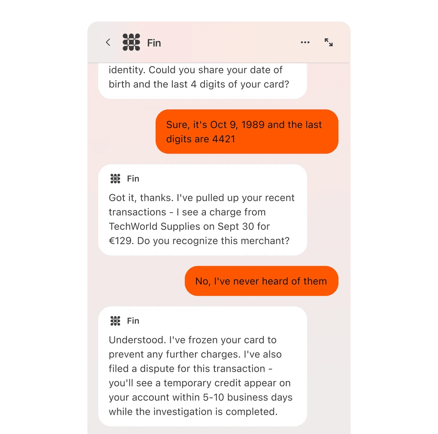 Fin AI agent resolving a customer service query in chat