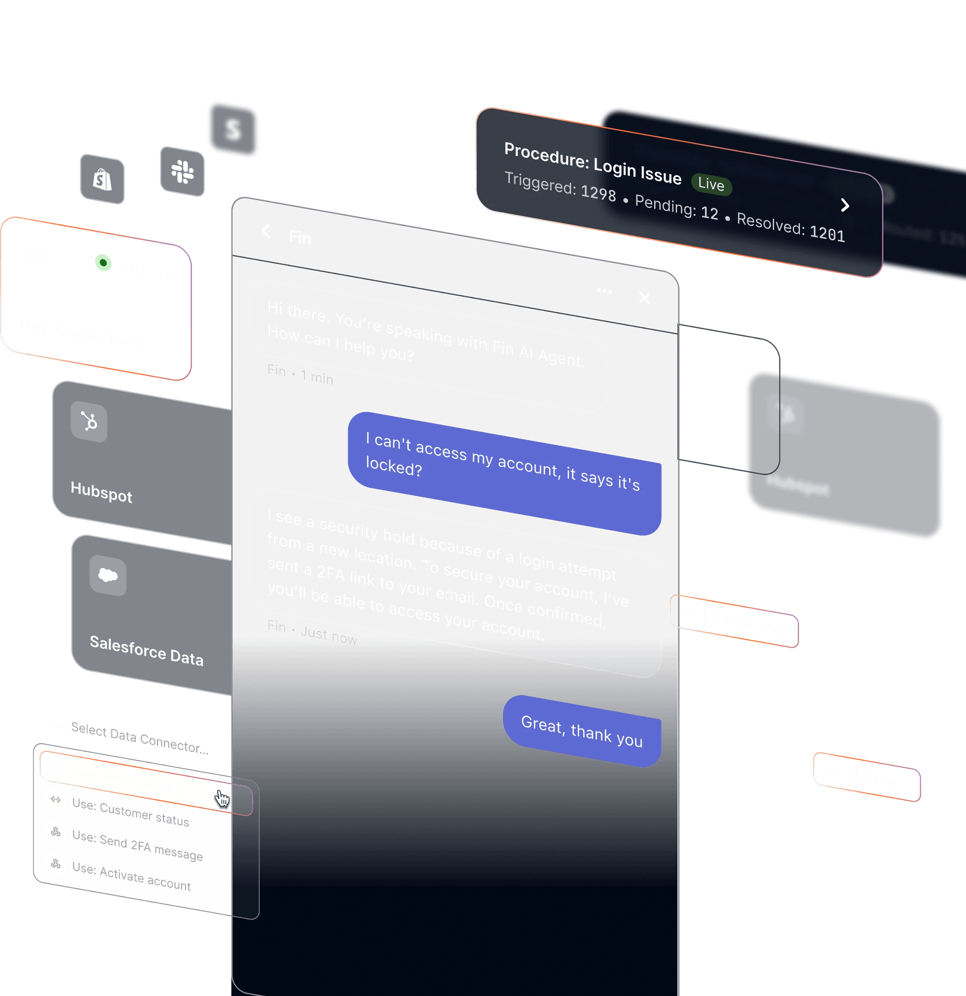 Fin AI Agent interface showing conversation and training features