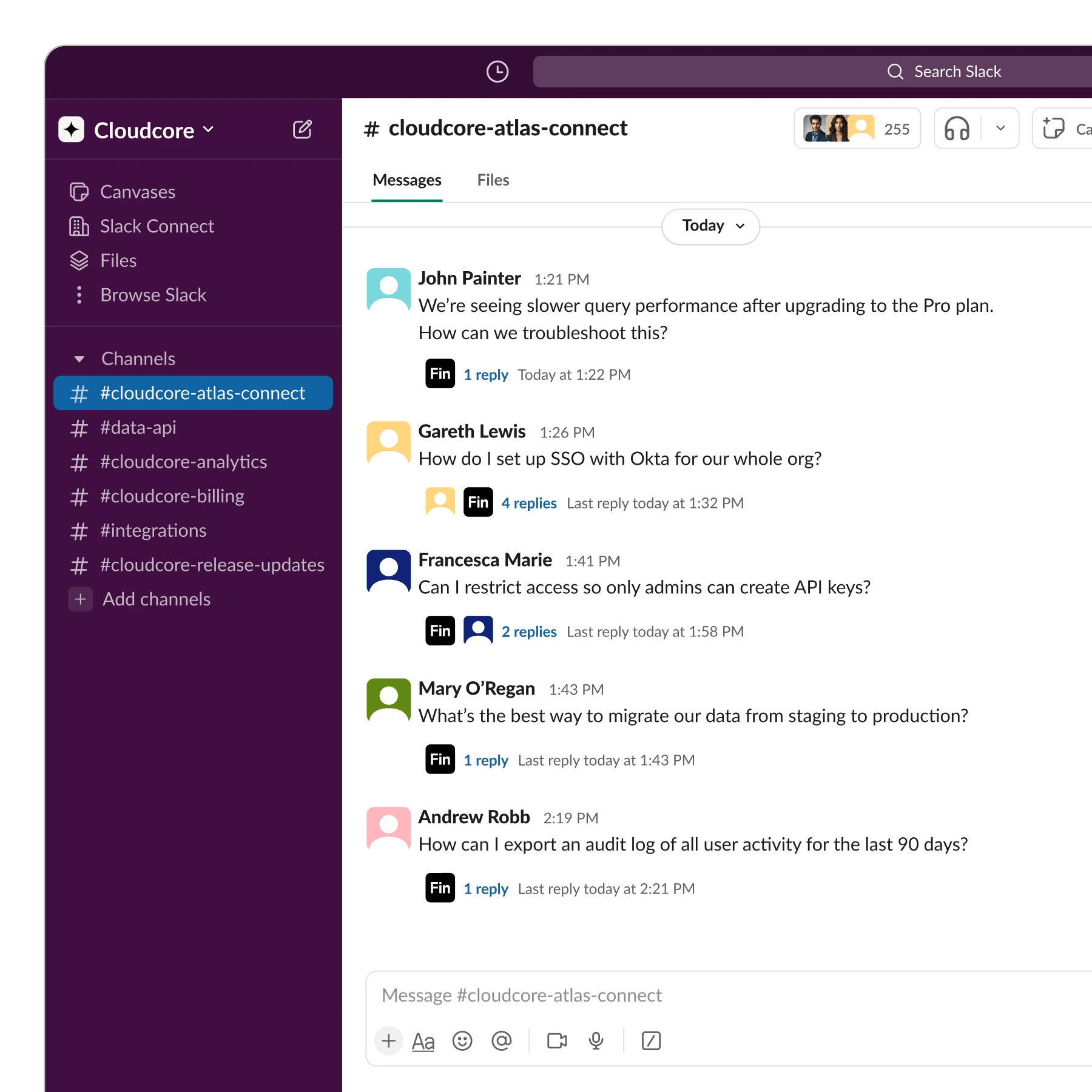 Fin responding to a customer question in a Slack Connect channel