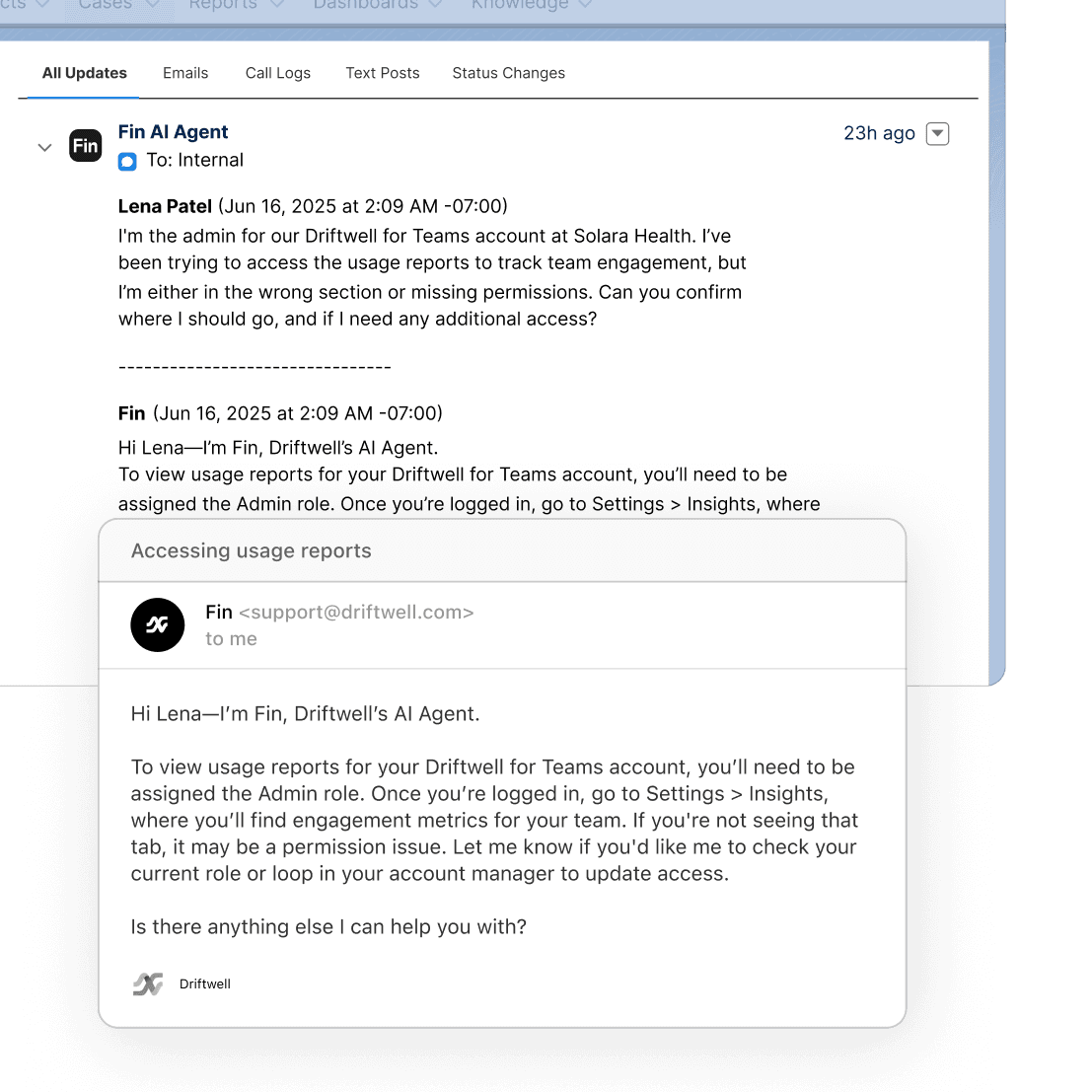 Fin resolving a customer query inside Salesforce
