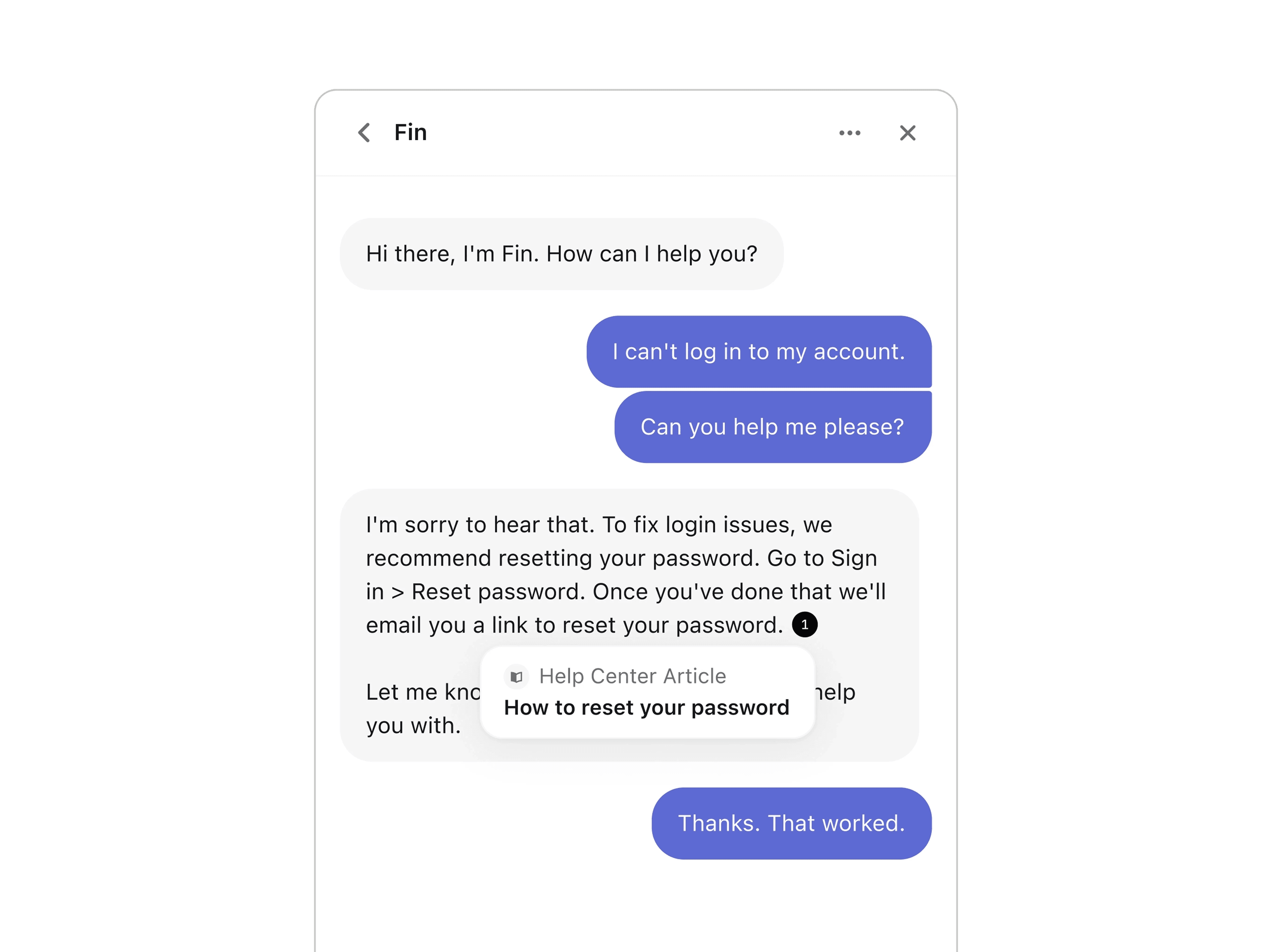 Fin live chat conversation resolving a password reset request