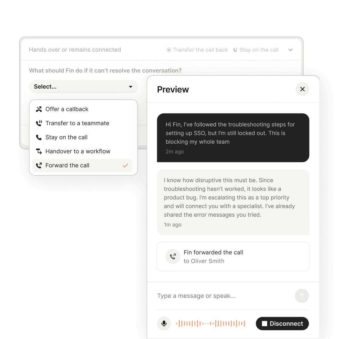 Fin Voice handoff simulation to a teammate, workflow, or callback