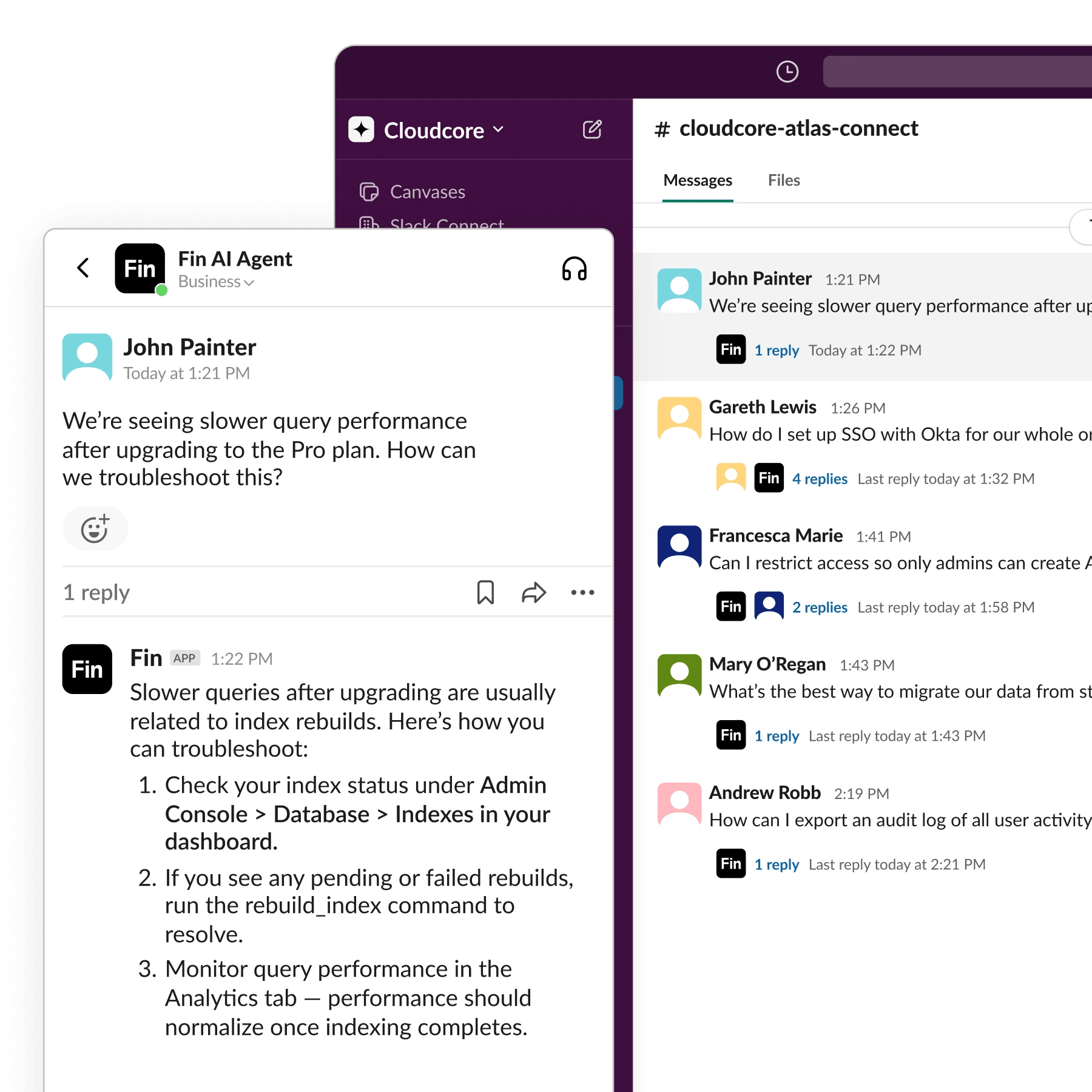 Slack conversation where Fin responds to a customer query in a threaded reply with Slack-native formatting