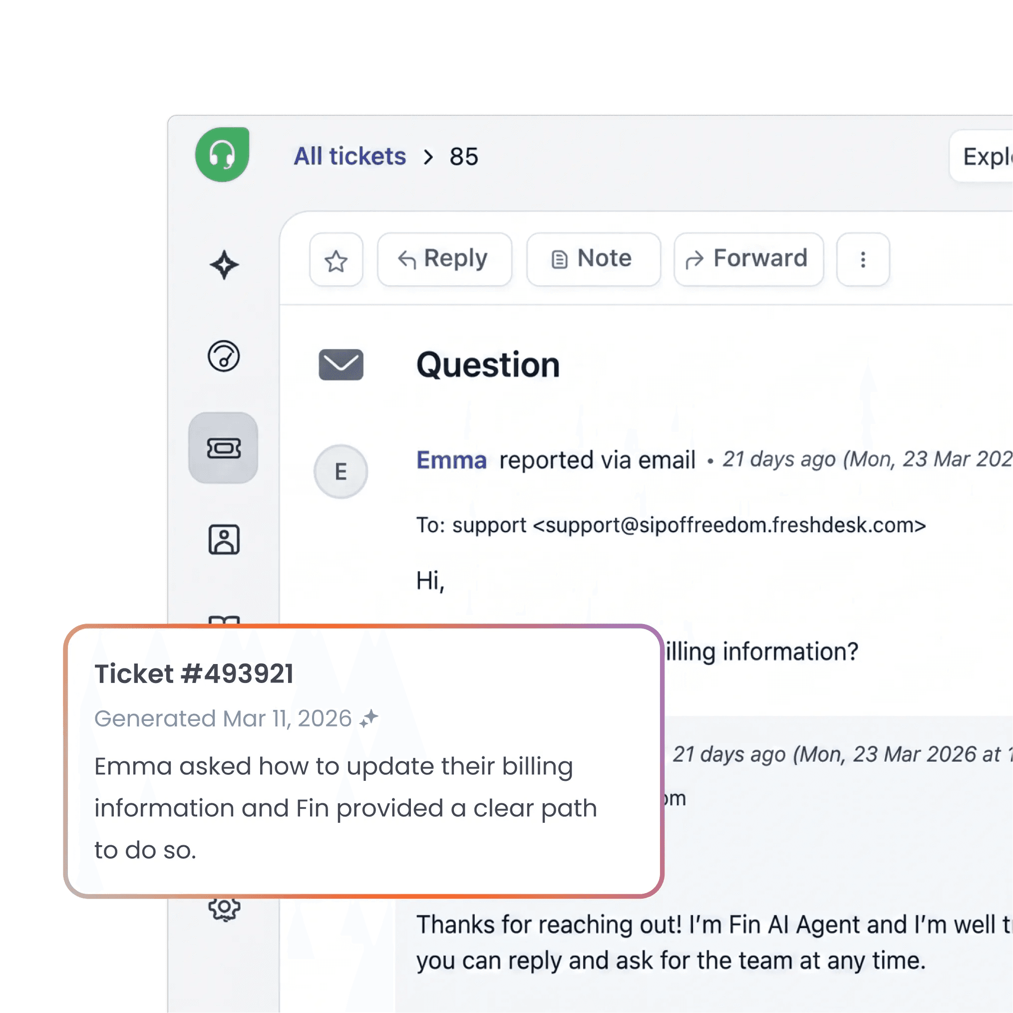 Fin resolving a customer query inside Freshdesk