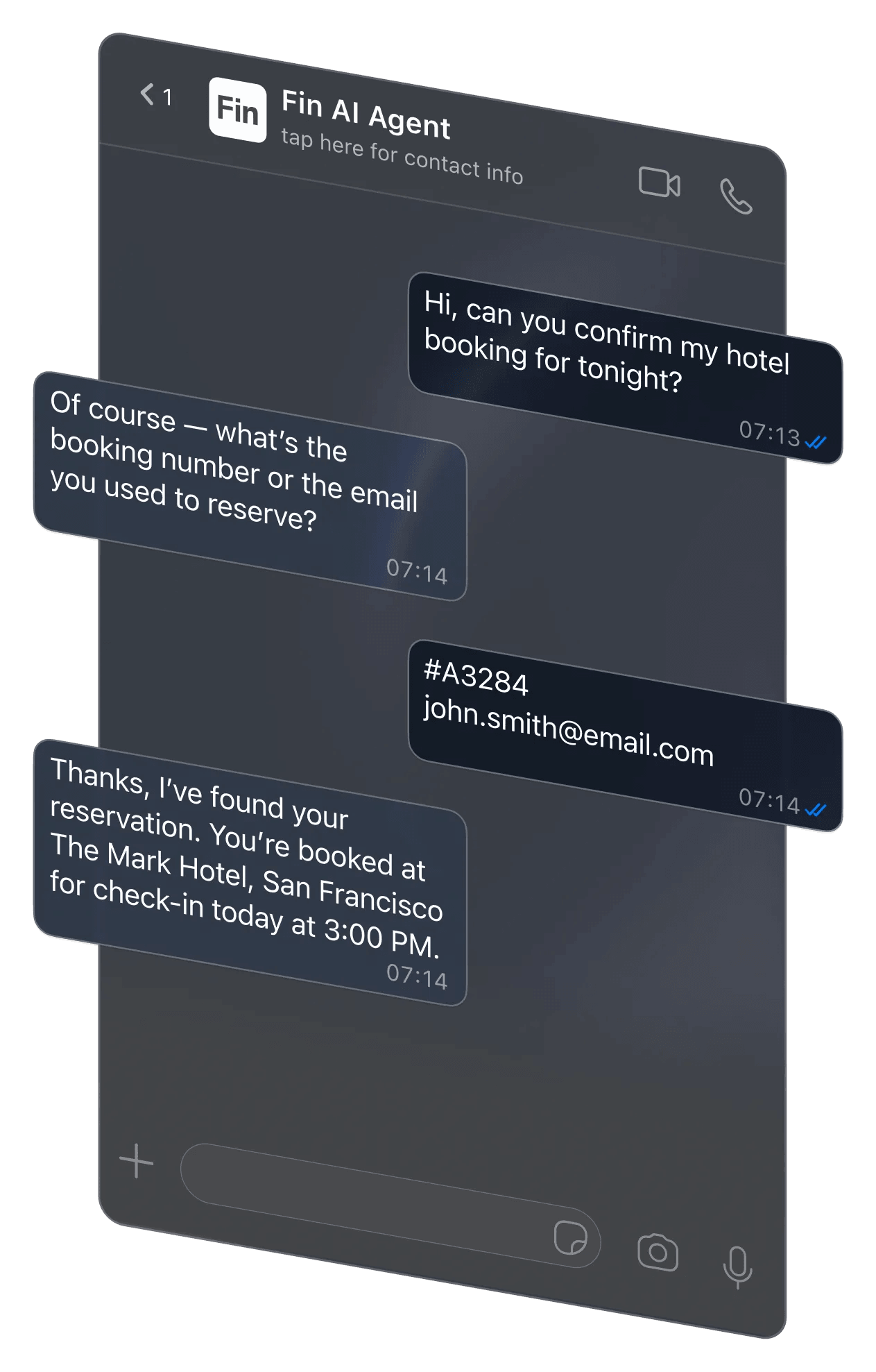 Fin AI Agent resolving a hotel booking query in a social messaging conversation