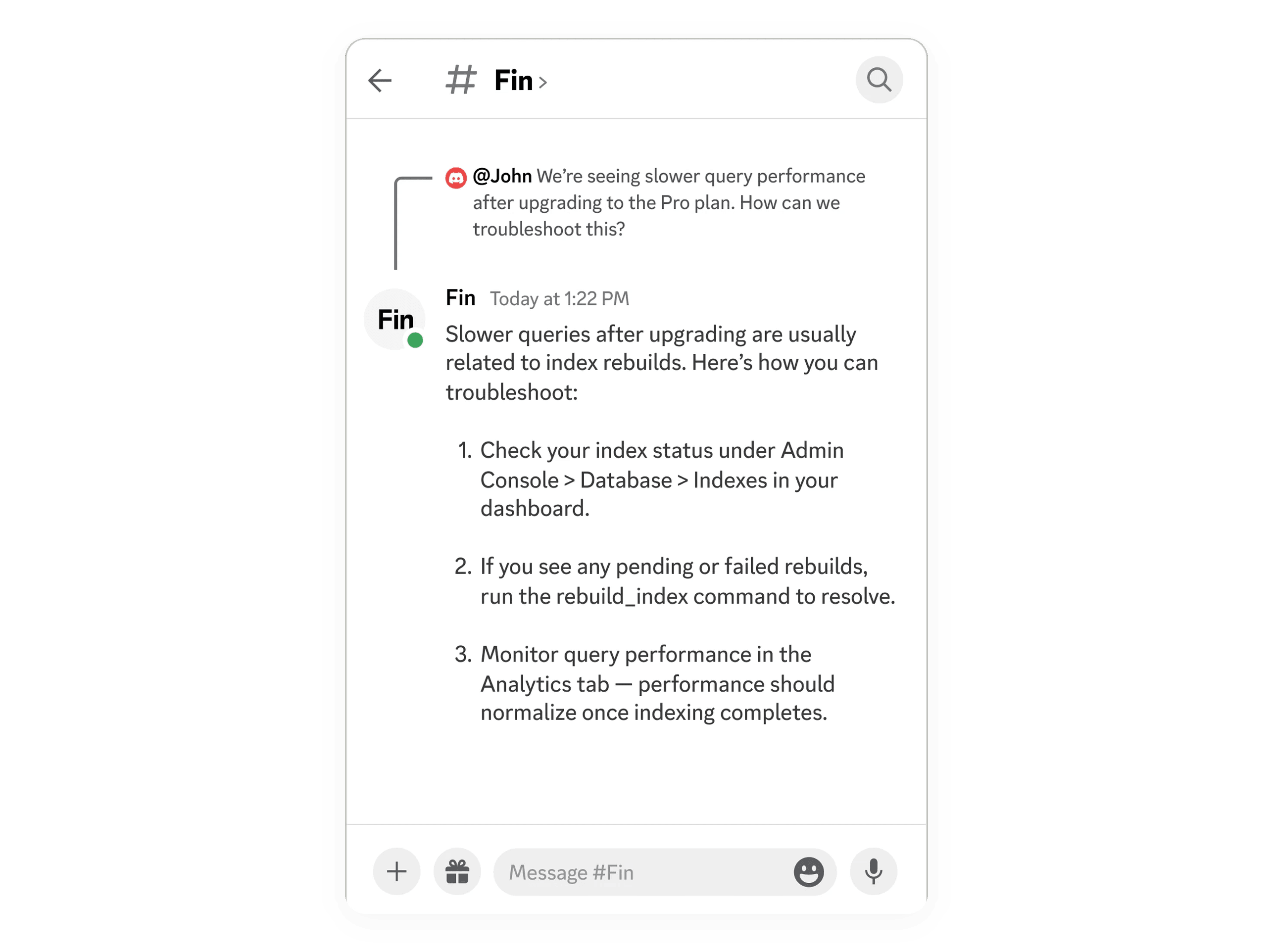 Fin providing support in a Discord server thread