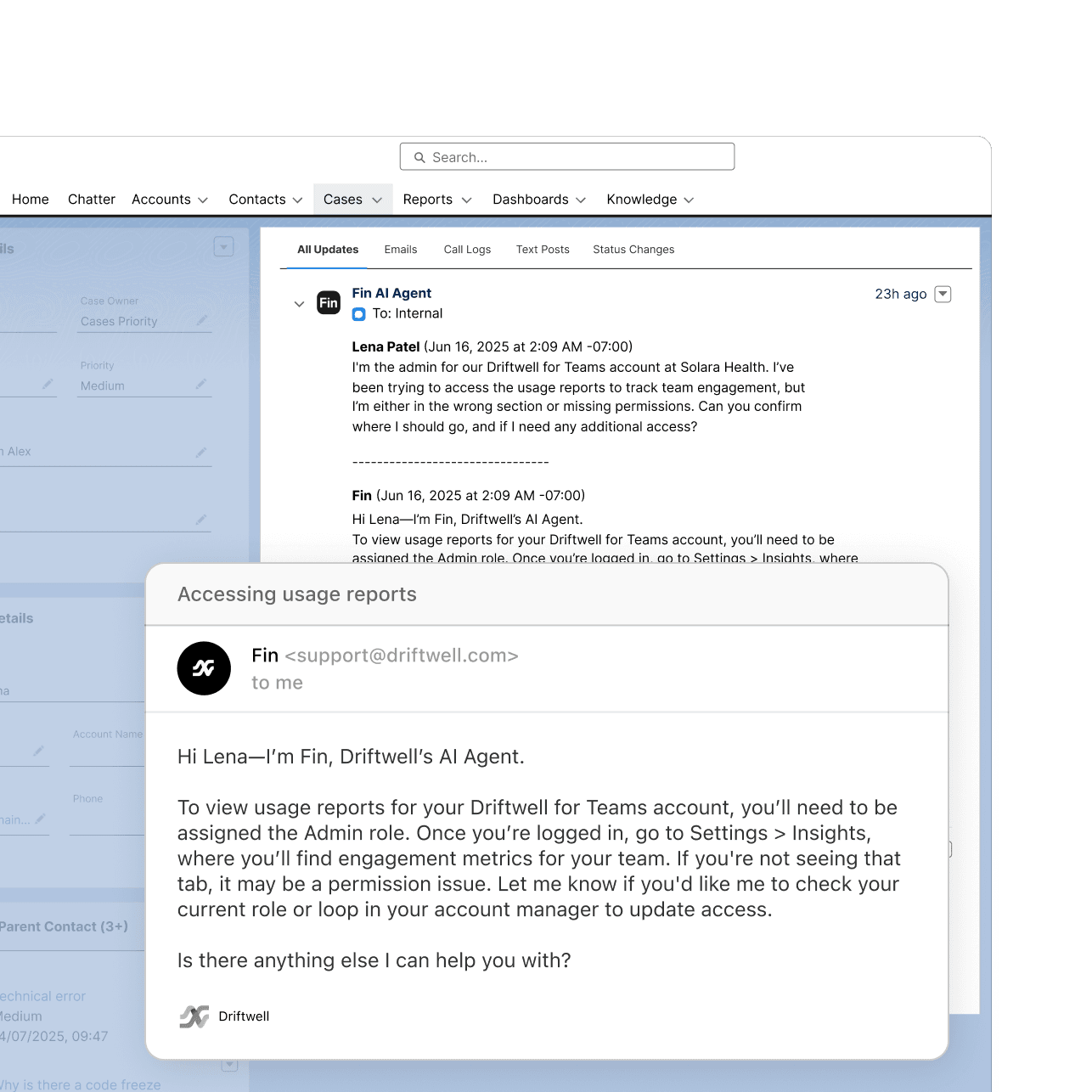 Fin resolving a customer query inside Salesforce