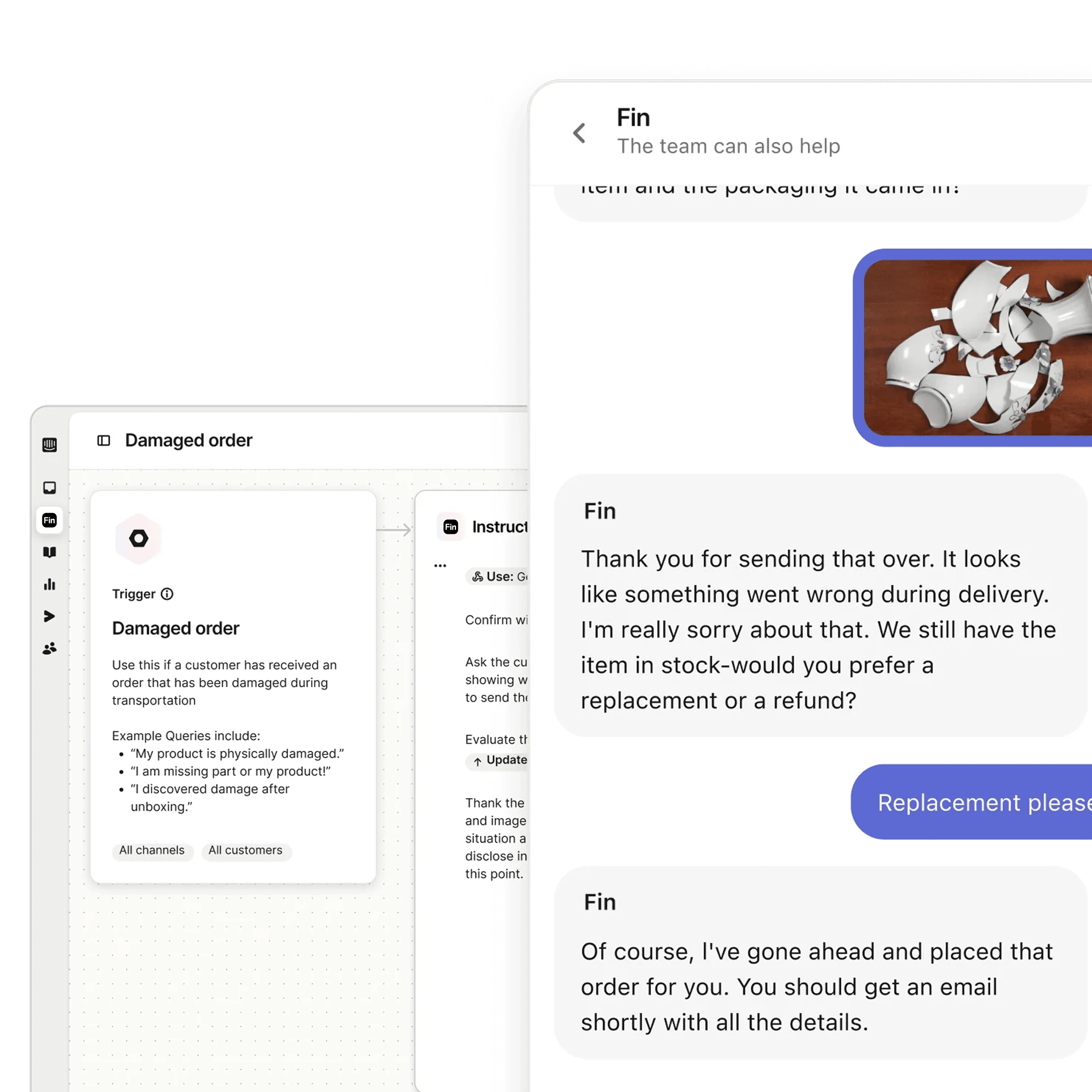 Illustration showing Fin executing ecommerce actions like refunds and order updates