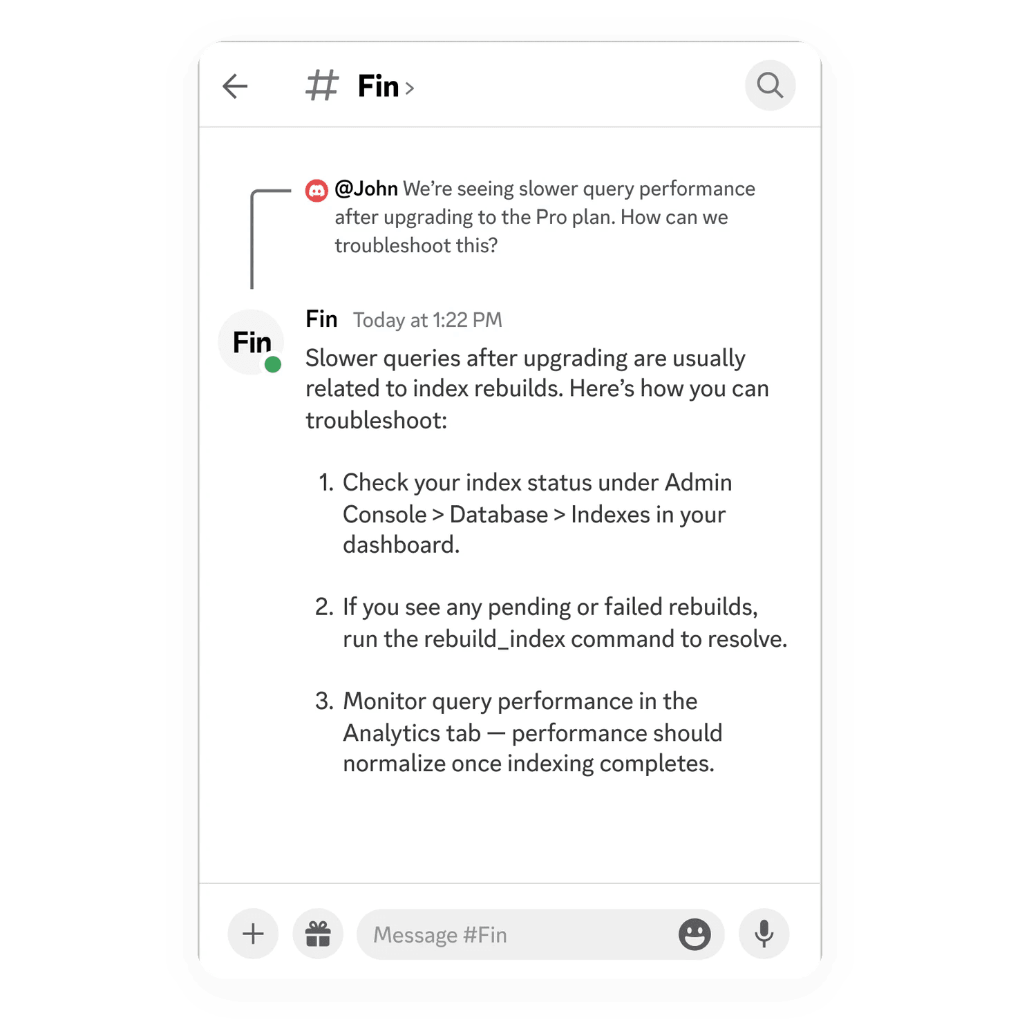 Fin providing support in a Discord server thread