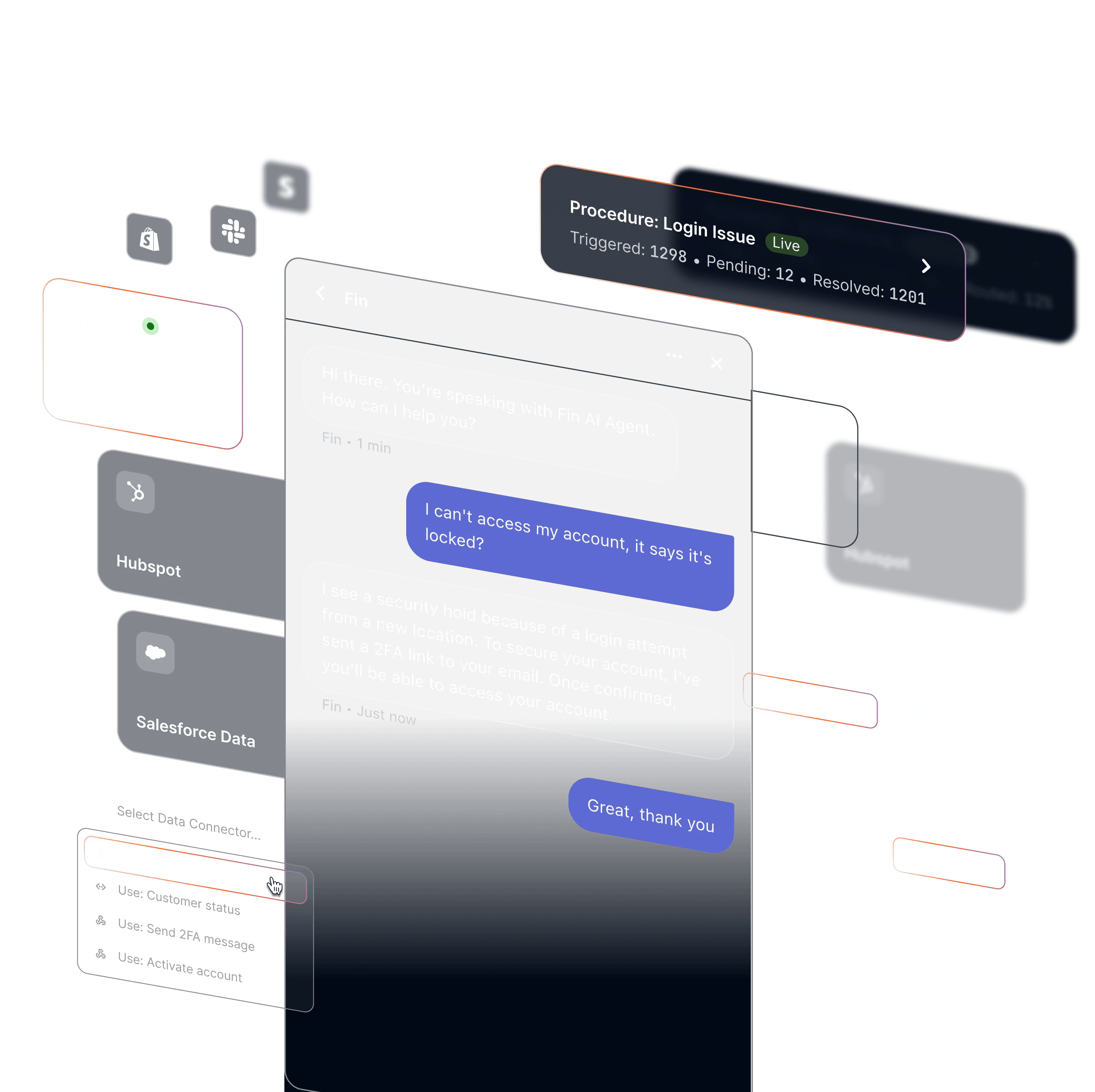 Fin AI Agent interface showing conversation and training features