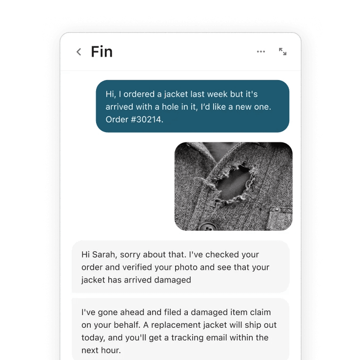 Fin resolving a customer's damaged-order request in the Messenger, with an AI conversation summary