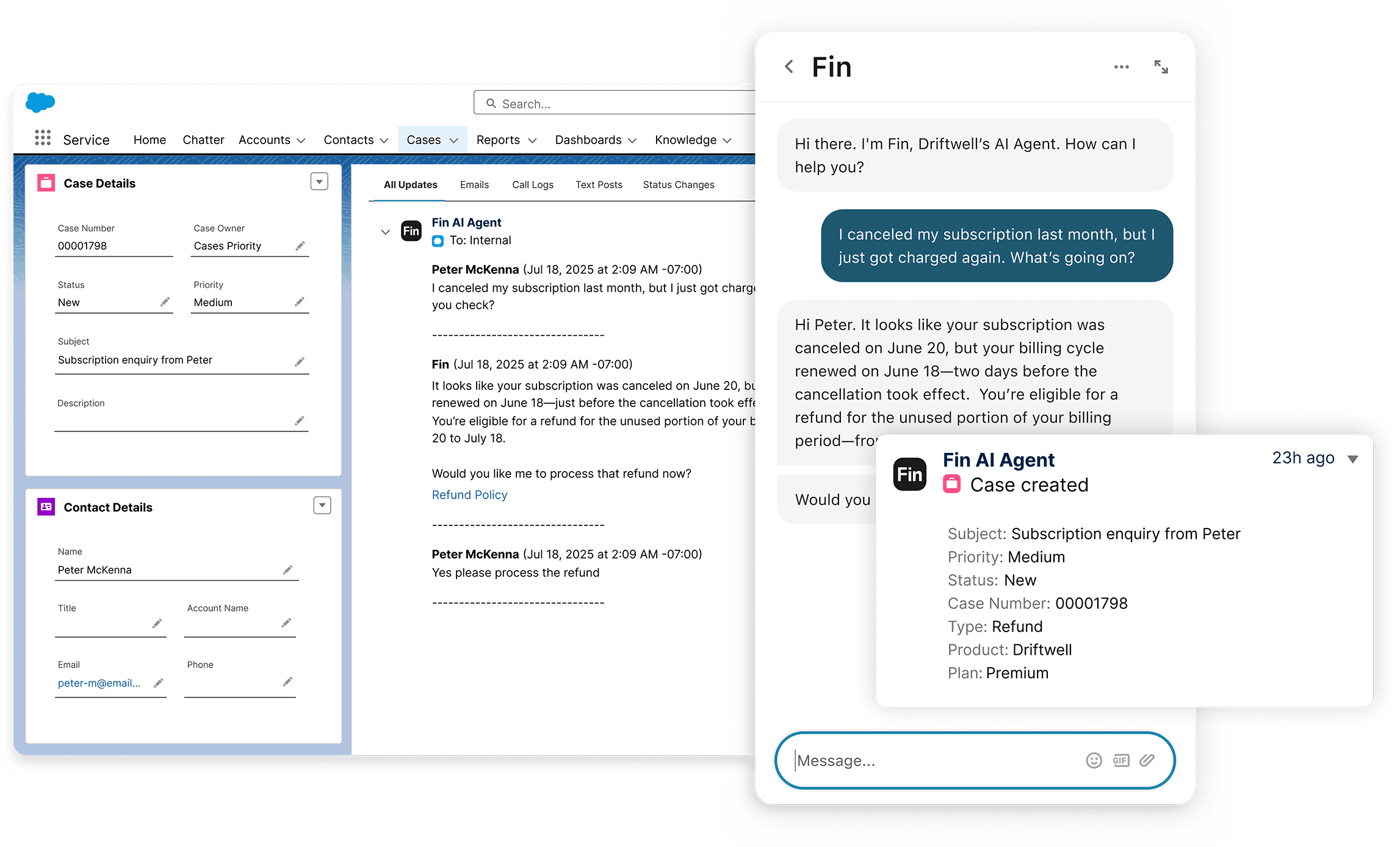 Fin AI Agent resolving a customer case inside Salesforce Service Cloud