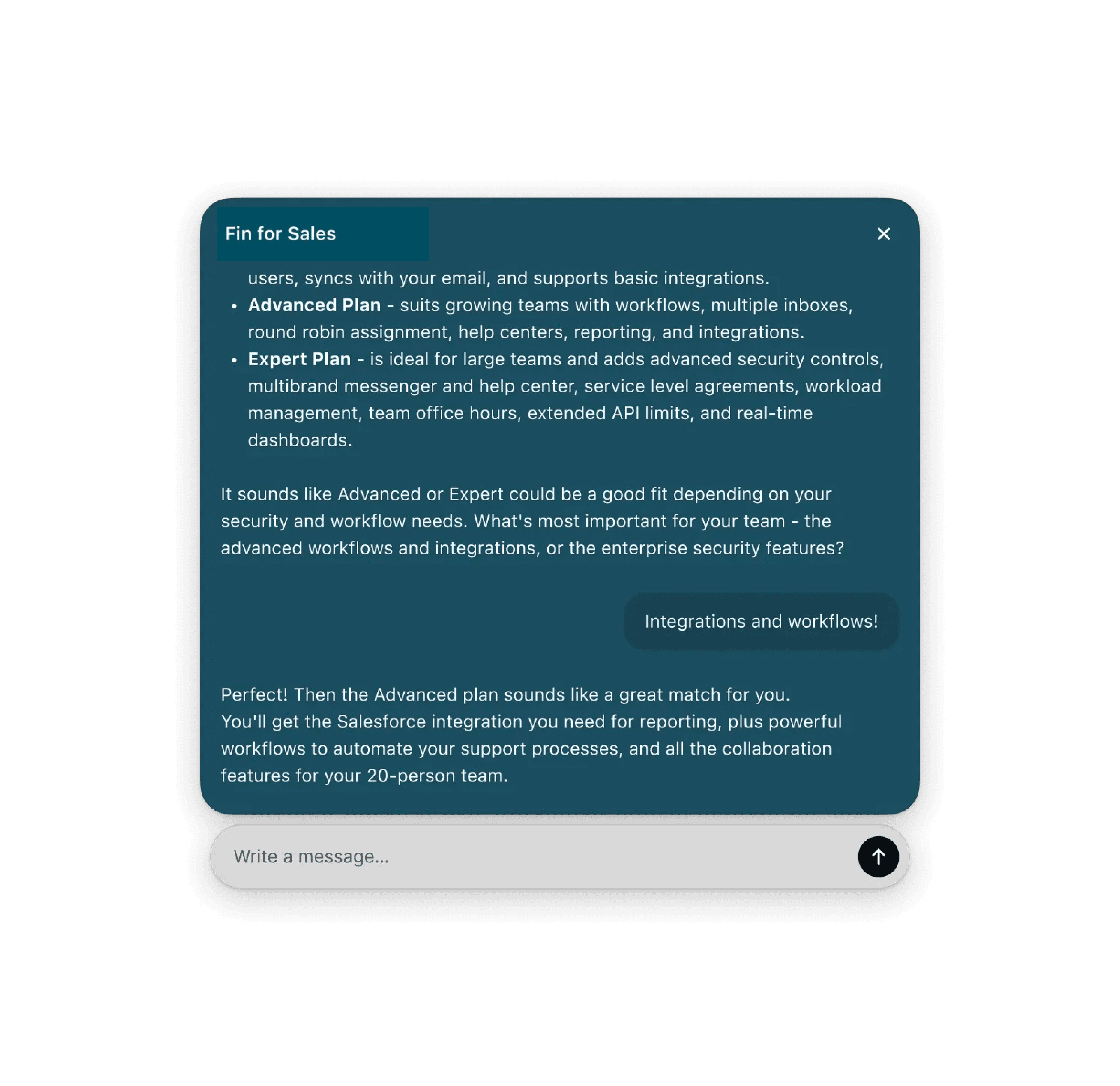 Fin Sales Agent guiding product discovery in a chat conversation