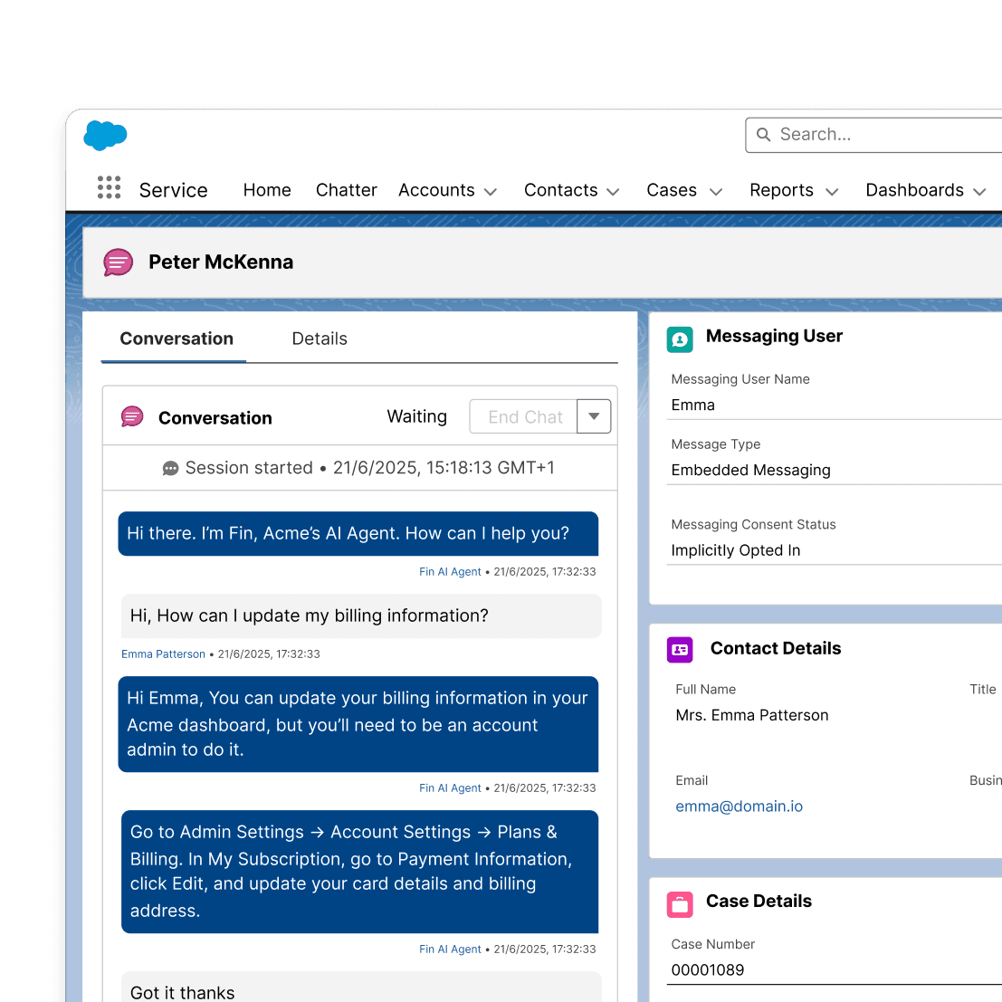 Fin integrates with Salesforce