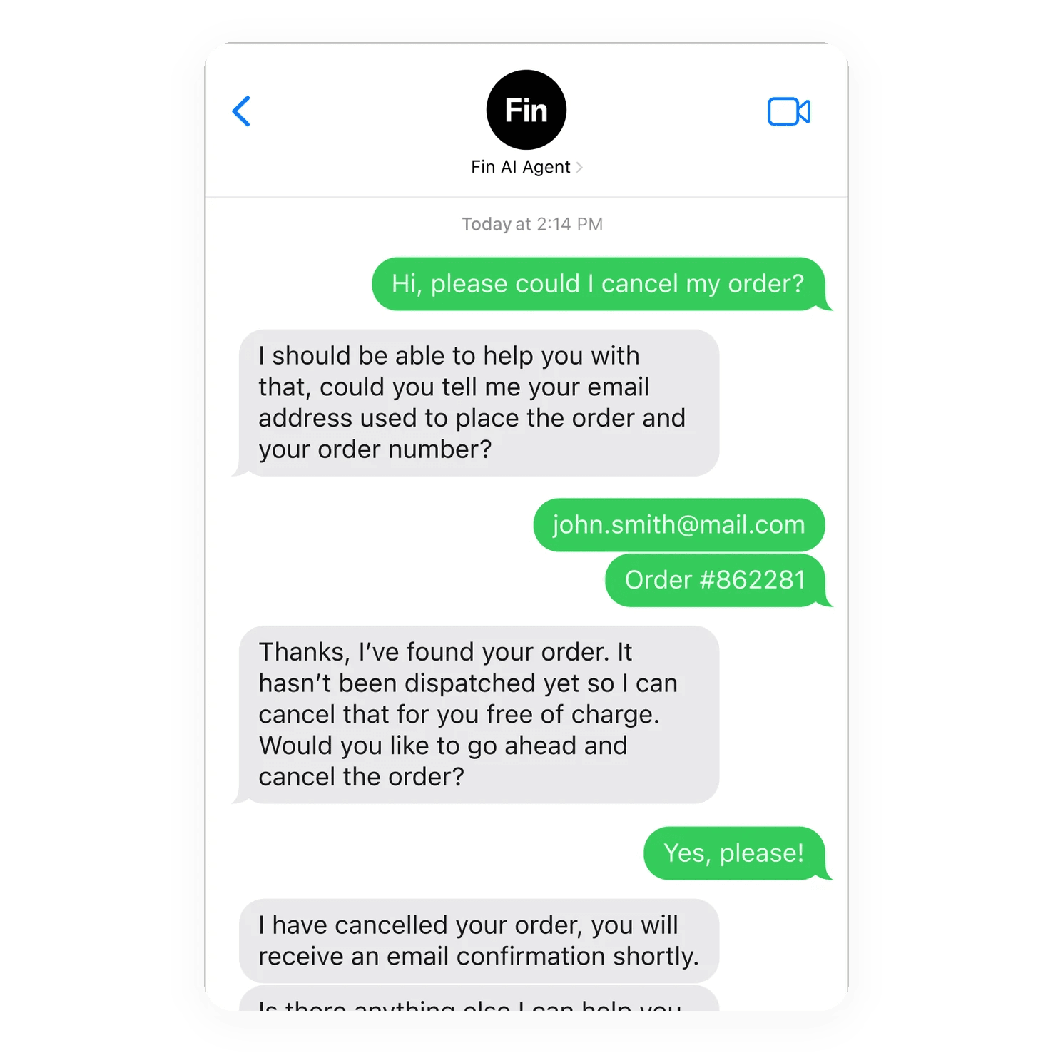 Fin canceling a customer order in an SMS text conversation