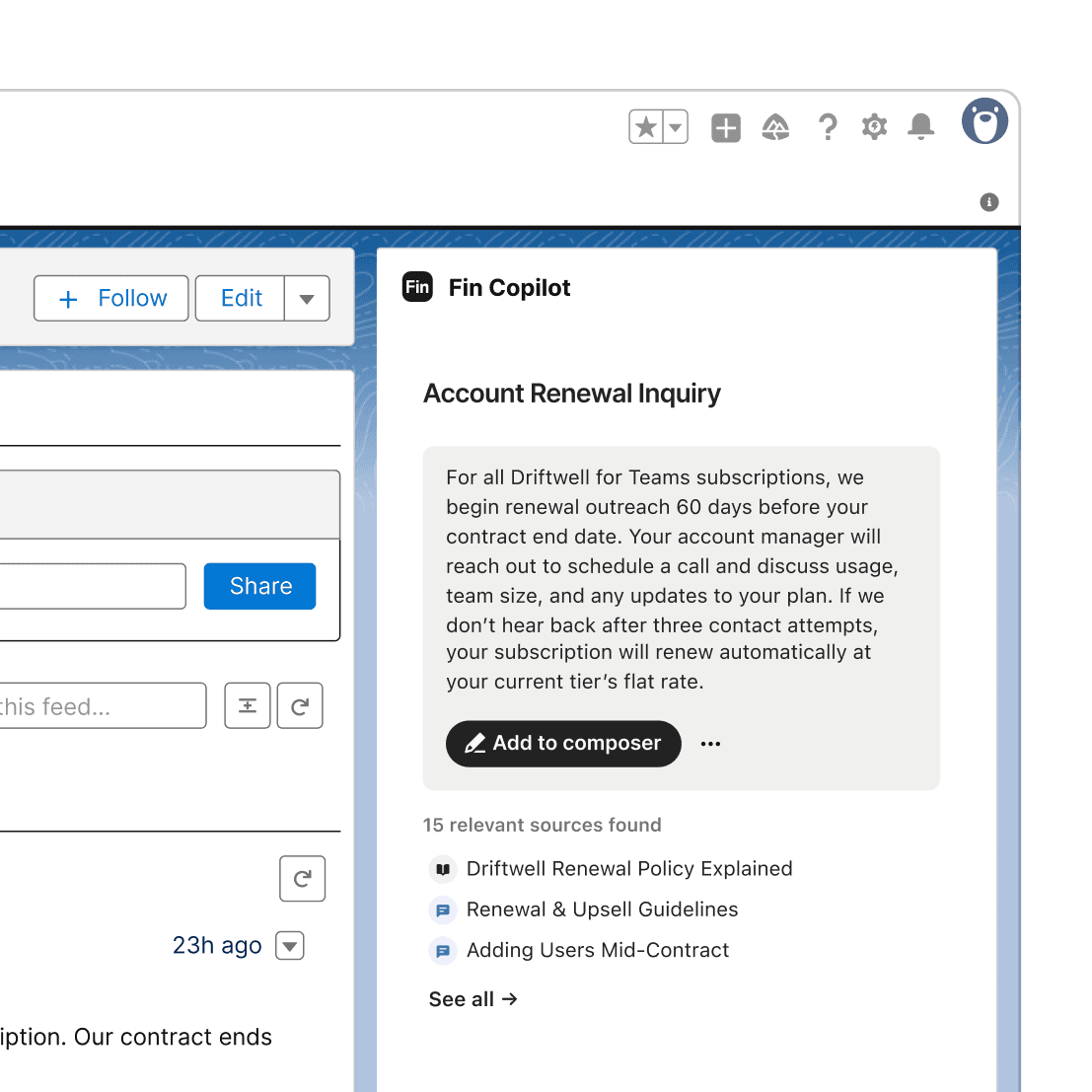 Fin Copilot inside Salesforce Service Cloud