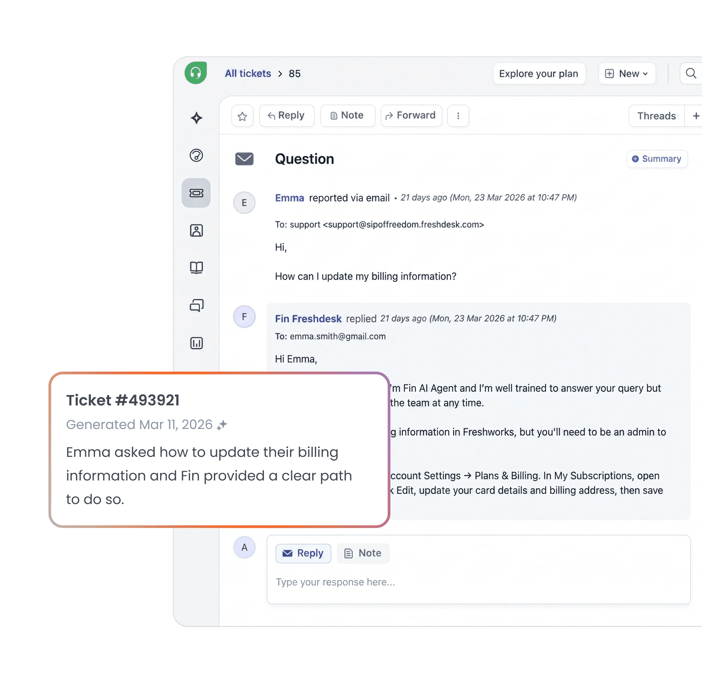 Fin resolving a customer query inside Freshdesk