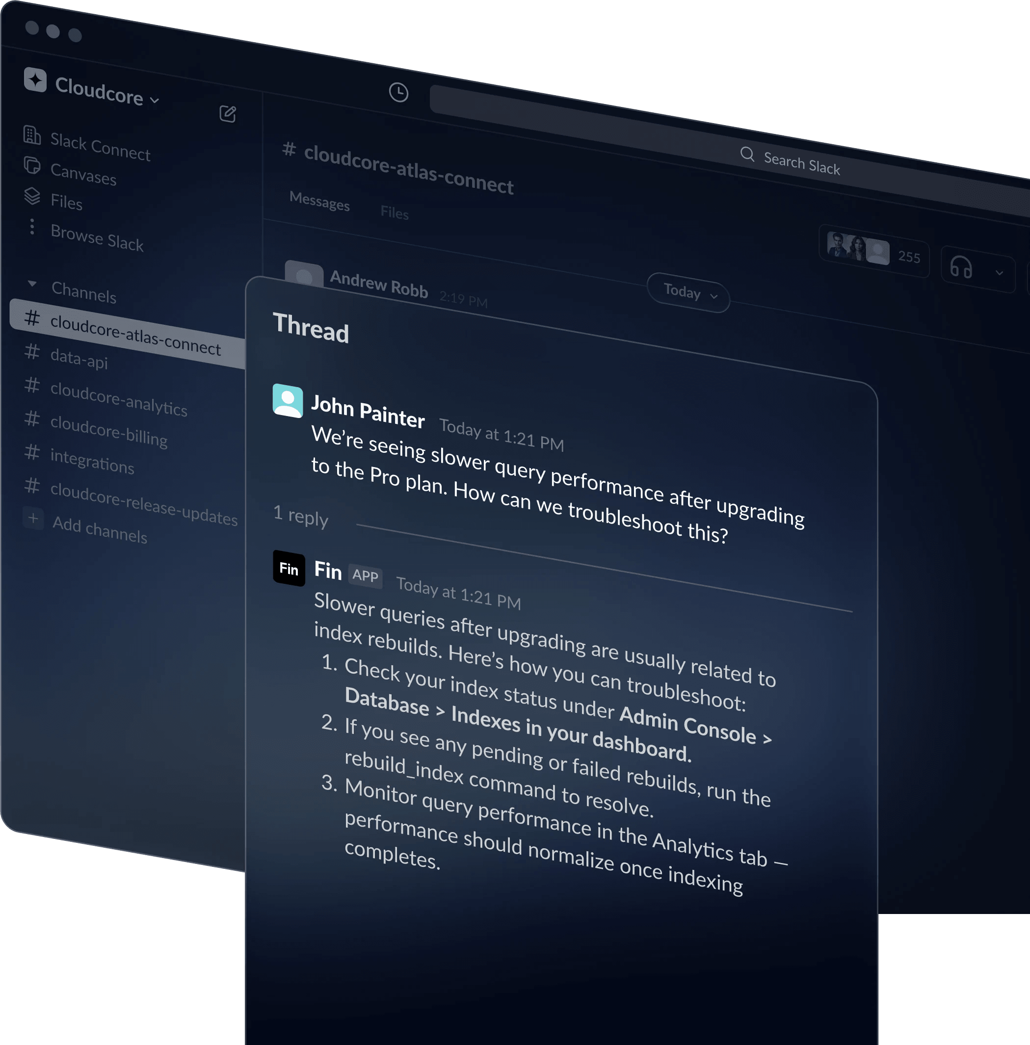 Fin resolving a customer question in a threaded Slack reply
