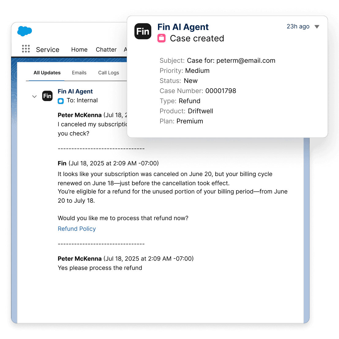 Fin AI Agent resolving a customer case inside Salesforce Service Cloud