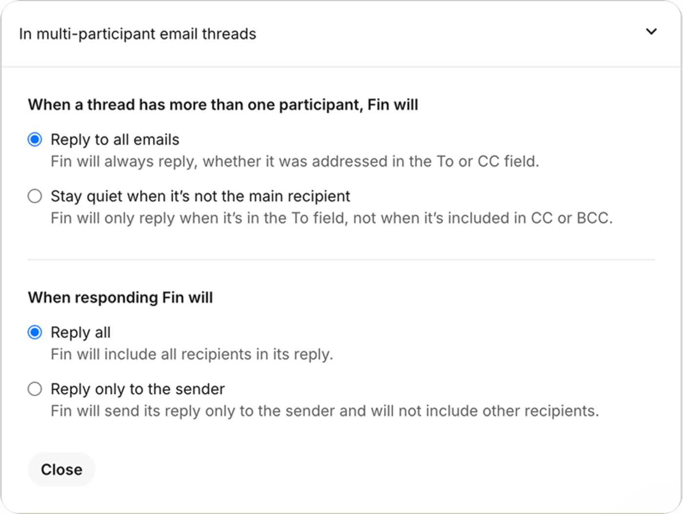 Fin over Email: CC and multi-participant controls