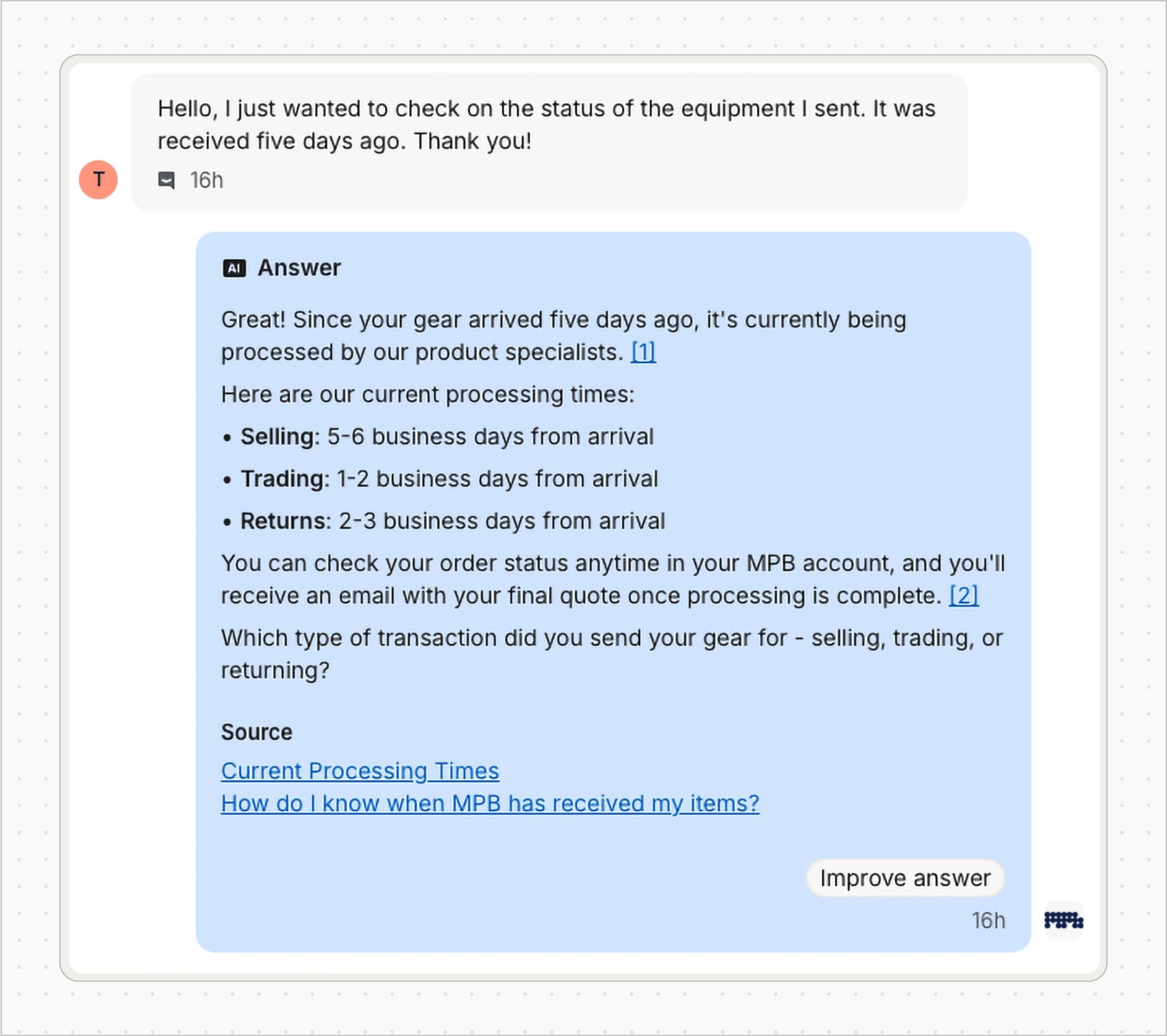 Fin provides a personalized response to a seller query.